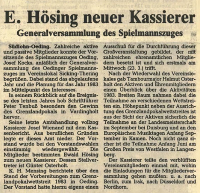 E. Hösing neuer Kassierer | Generalversammlung des Spielmannszuges | Borkener Zeitung 18.03.1983