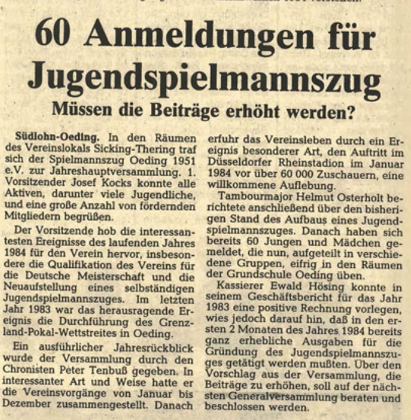 60 Anmeldungen für Jugendspielmannszug | BZ 24.03.1984