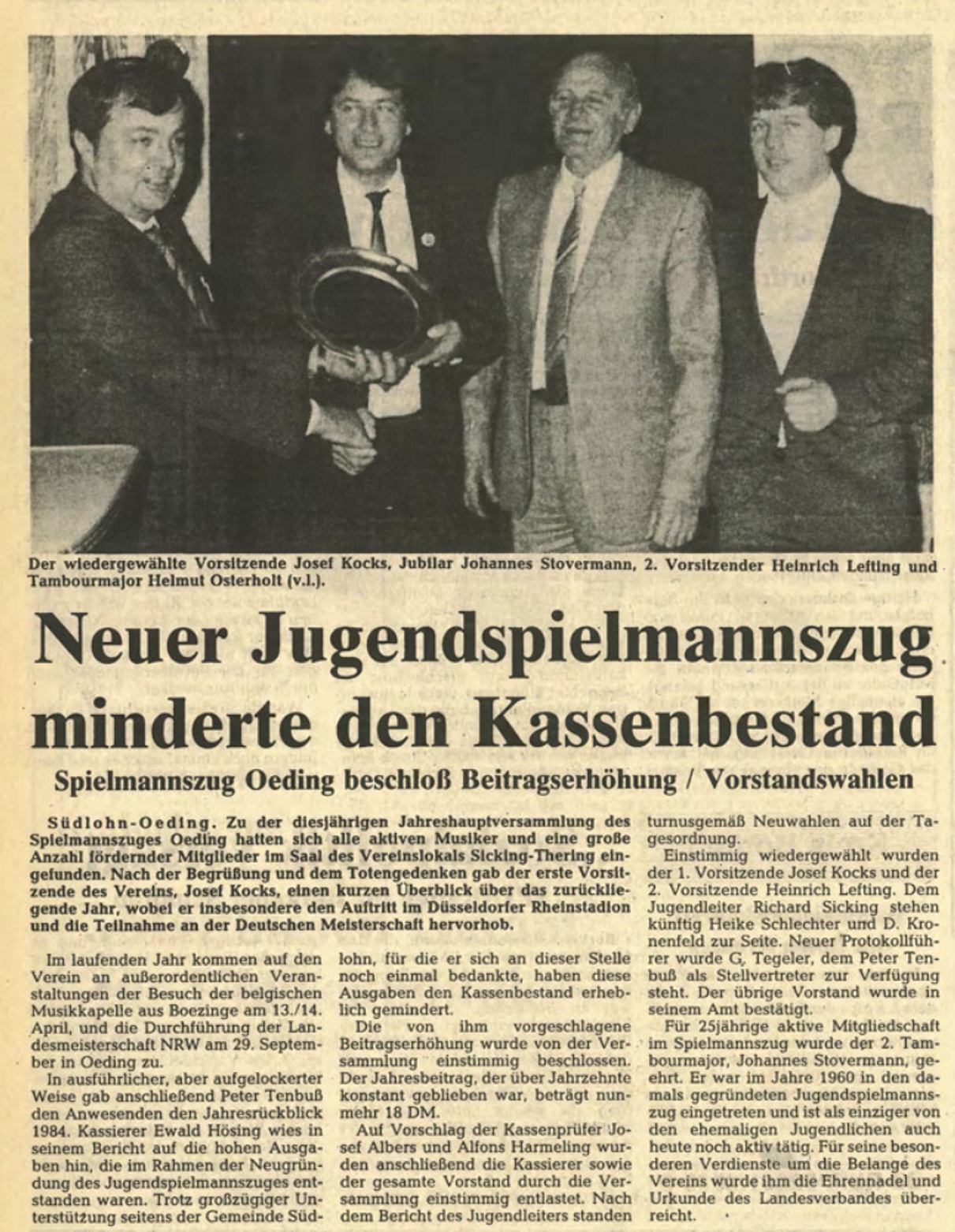 Neuer Jugendspielmannszug minderte den Kassenbestand | Pressebericht der Borkener Zeitung vom 27.03.1985 zur Jahreshauptversammlung