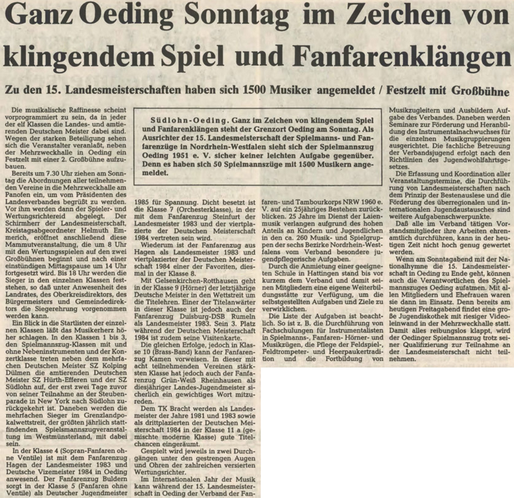 Borkener Zeitung 27.09.1985 | Ganz Oeding Sonntag im Zeichen von klingendem Spiel und Fanfarenklängen