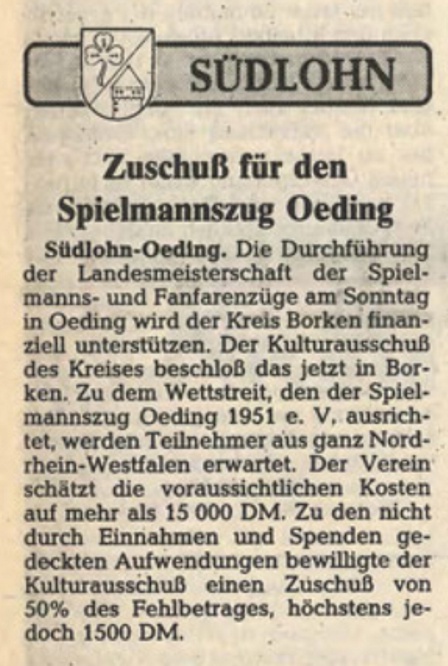 Zuschuß für den Spielmannszug Oeding | BZ 28.09.1985