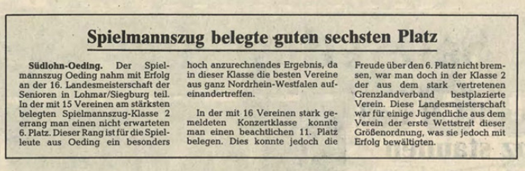 Der Spielmannszug Oeding nahm mit Erfolg an der 16. Landesmeisterschaft in Lohmar/Siegburg teil - BZ 21.10.1987