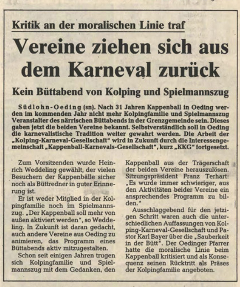 Vereine ziehen sich aus dem Karneval zurück - Kein Büttabend von Kolping und Spielmannszug - Gründung der KKG - BZ 29.04.1988