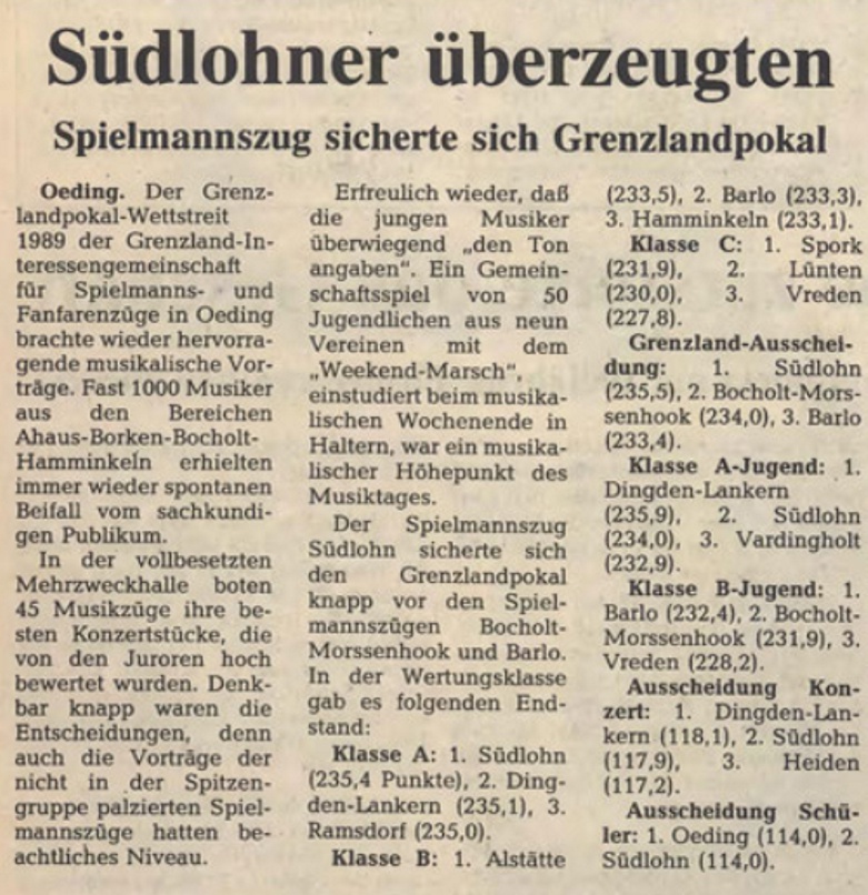 Südlohner überzeugten - Spielmannszug sicherte sich Grenzlandpokal | BZ 04.05.1989