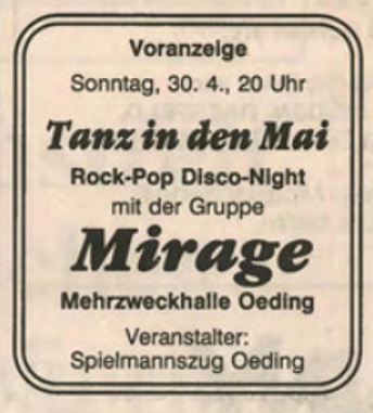 Tanz in den Mai mit der Gruppe Mirage | BZ 26.04.1989 
