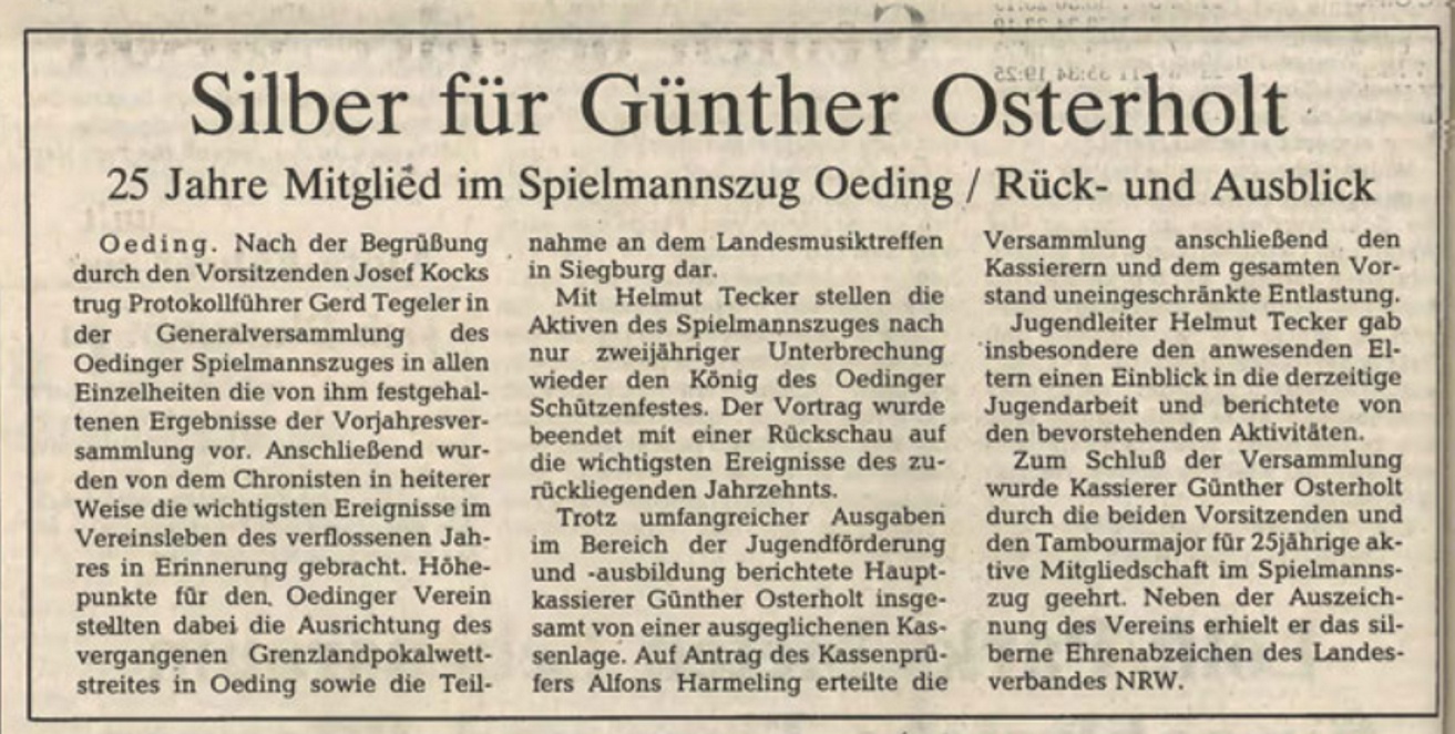 Silber für Günter Osterholt | 25 Jahre Mitglied im Spielmannszug Oeding - Rück- und Ausblick