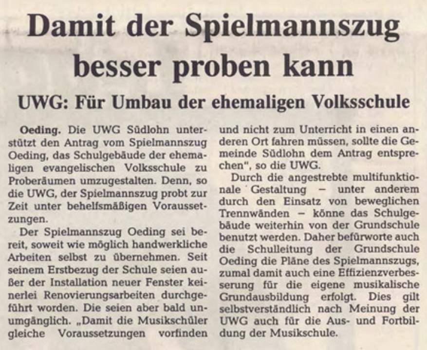 Damit der Spielmannszug besser proben kann - UWG: Für Umbau der ehemaligen Volksschule | BZ 30.10.1990