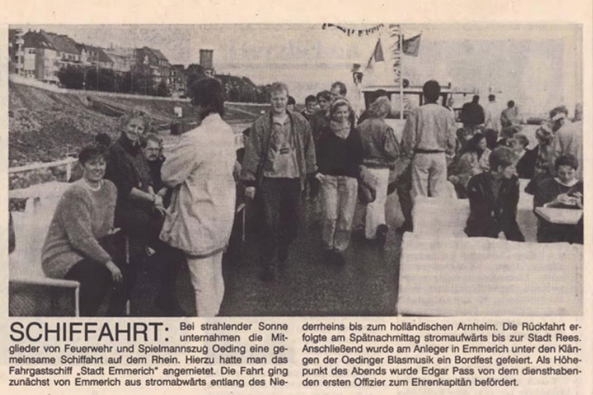 Die Mitglieder von Feuerwehr und Spielmannszug Oeding unternahmen eine gemeinsame Schiffahrt auf dem Rhein | BZ 08.10.1991