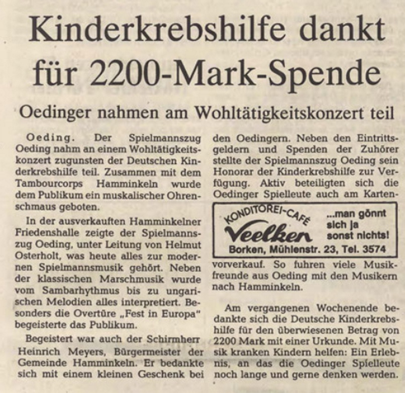 Kinderkebshilfe dankt für 2200-Mark Spende | BZ 13.06.1991