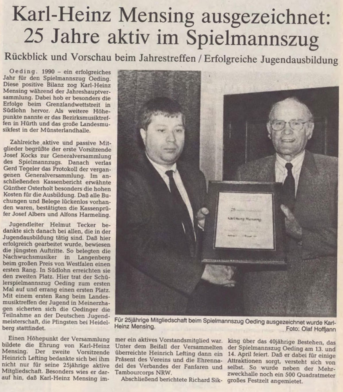 Karl-Heinz Mensing ausgezeichnet - 25 Jahre aktiv im Spielmannszug