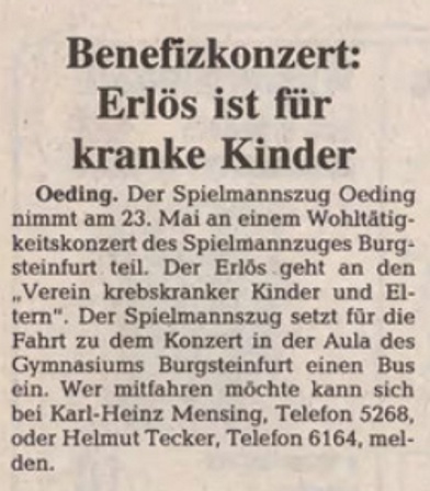Benefizkonzert / Wohltätigkeitskonzert in Burgsteinfurt |Borkener Zeitung  08.05.1992