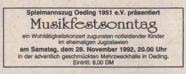 Wohltätigkeitskonzert "Musikfestsonntag" | Anzeige in der Borkener Zeitung 18.11.1992