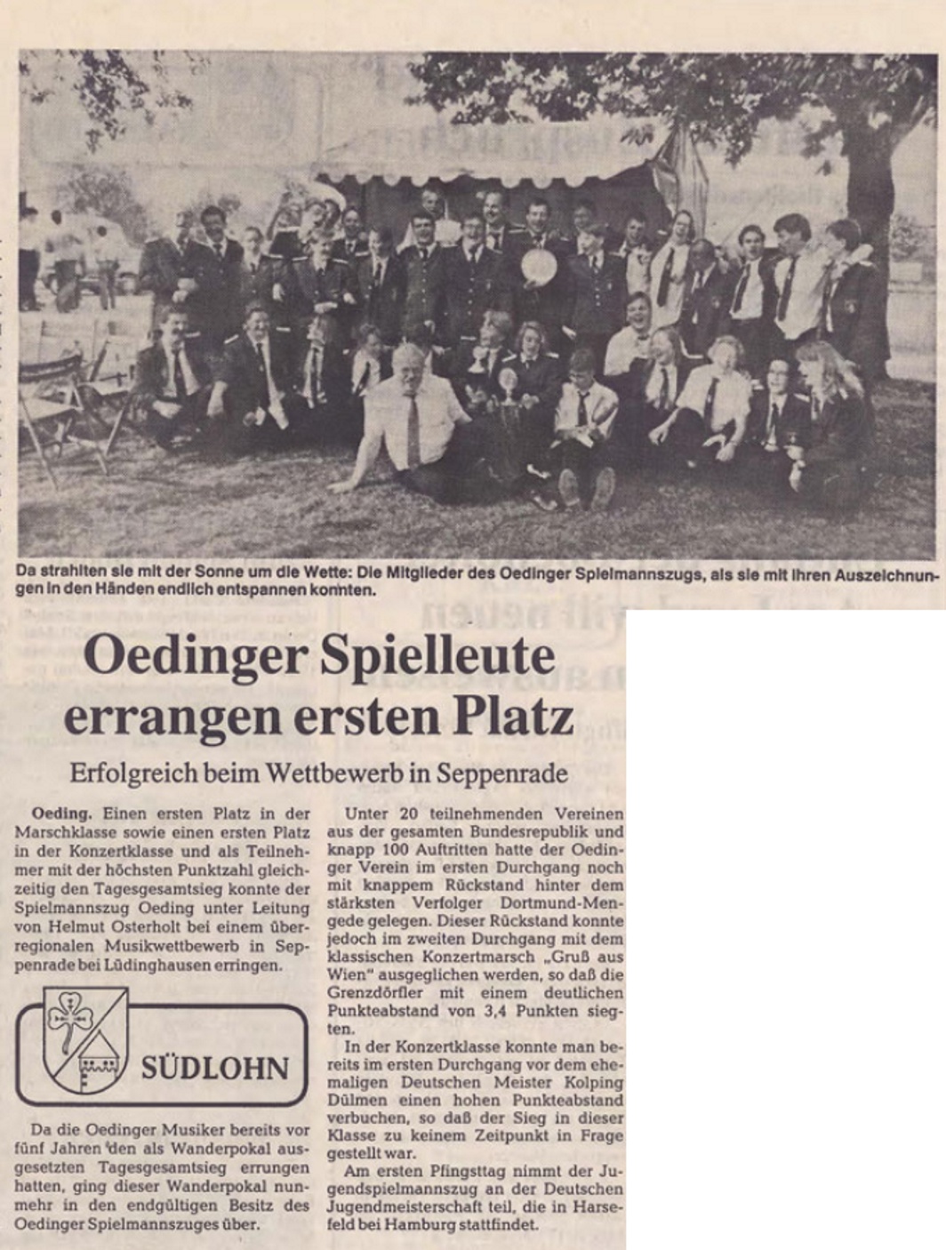 Oedinger Spielleute errangen ersten Platz | Erfolgreich beim Wettbewerb in Seppenrade - BZ 18.05.1993