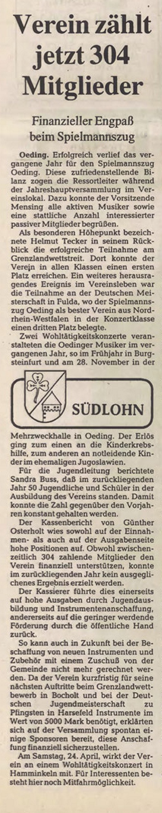 Jahreshauptversammlung des Spielmannszug Oeding 1993 | BZ 24.03.1993