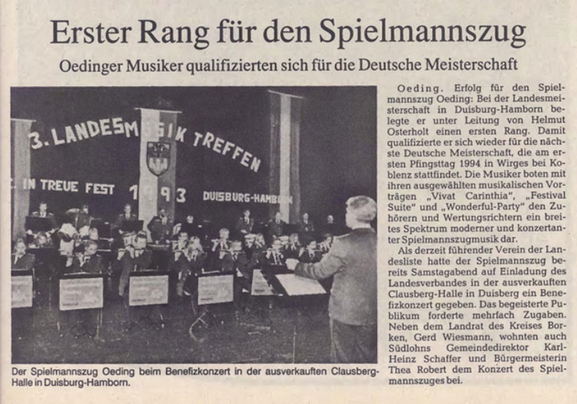 Erster Rang für den Spielmannszug | Oedinger Musiker qualifizierten sich für die Deutsche Meisterschaft - BZ 28.10.1993