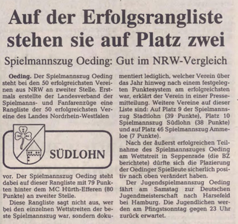 Auf der Erfolgsrangliste stehen sie auf Platz zwei | Spielmannszug Oeding gut im NRW-Vergleich - BZ 29.05.1993