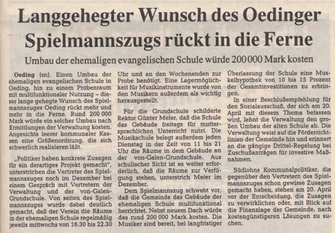 Langgehegter Wunsch des Oedinger Spielmannszugs rückt in die Ferne | BZ 13 04 1994