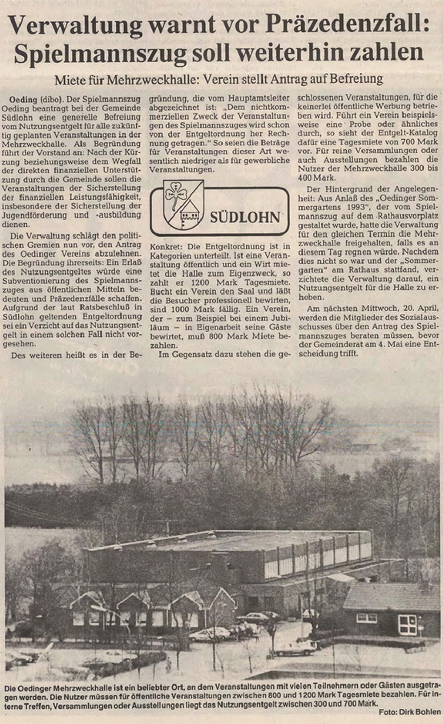 Verwaltung warnt vor Präzedenzfall: Spielmannszug soll weiterhin zahlen | Borkener Zeitung 14.04.1994