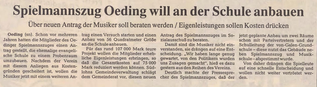 Spielmannszug Oeding will an der Schule anbauen | BZ 16.06.1994