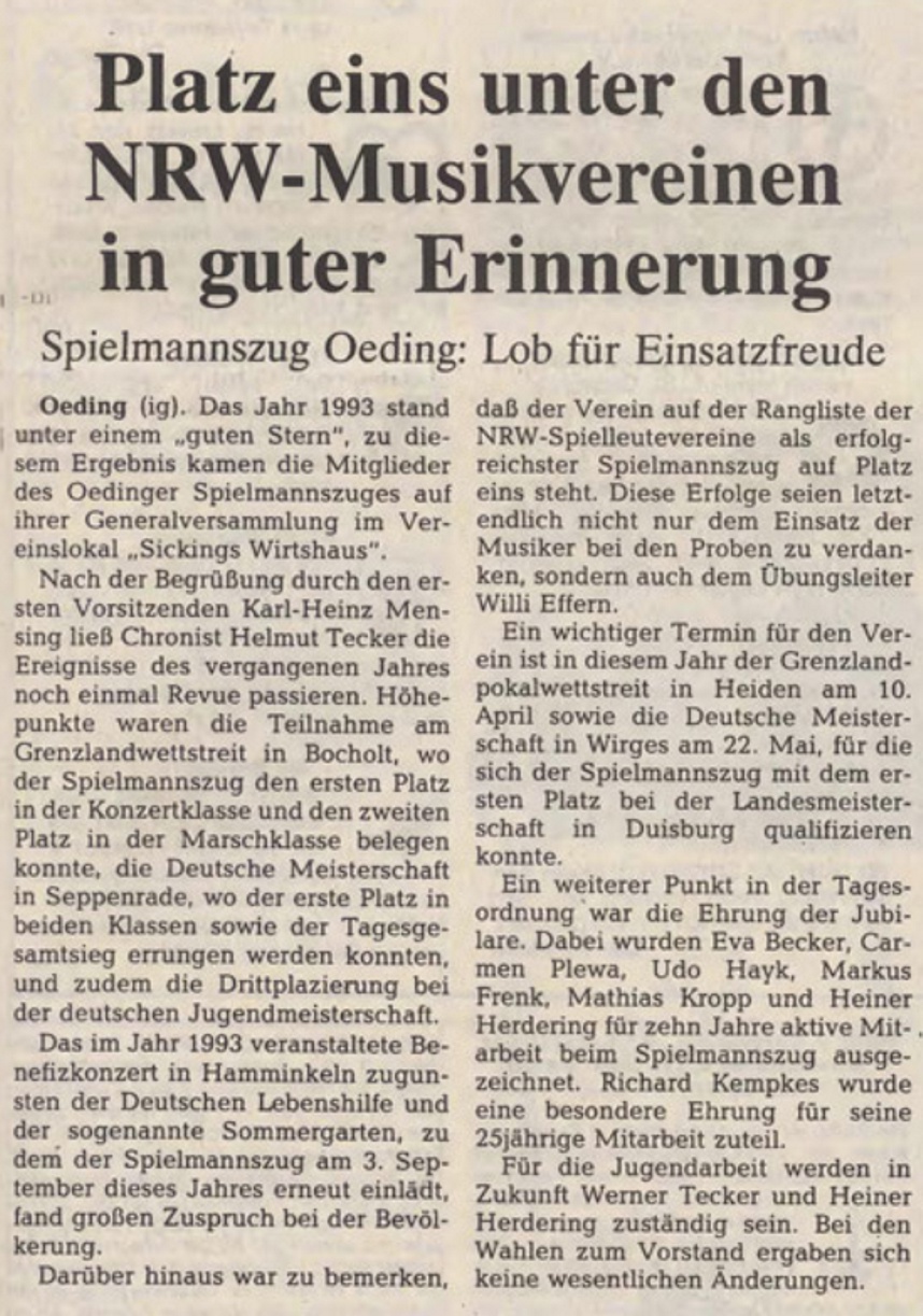 Platz eins unter den NRW-Musikvereinen in guter Erinnerung | BZ 25.03.1994