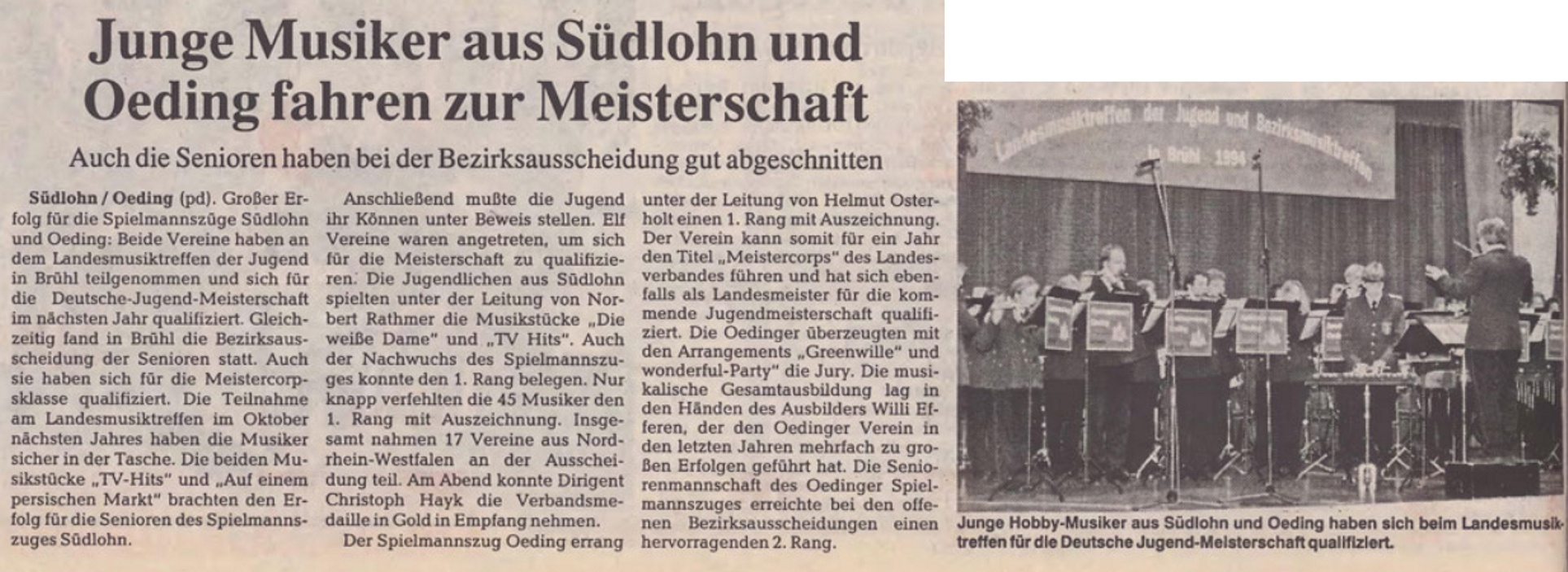 Borkener Zeitung 27.10.1994 | Junge Musiker aus Südlohn und Oeding fahren zur Meisterschaft