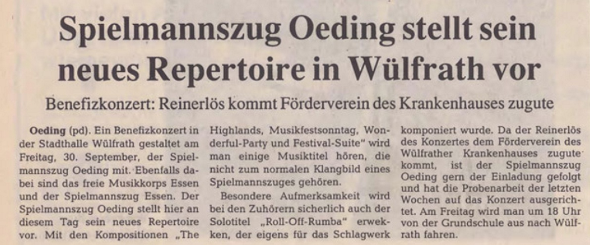Spielmannszug Oeding stellt sein neues Repertoire in Wülfrath vor | Benefizkonzert - Bericht der Borkener Zeitung vom 30. September 1994