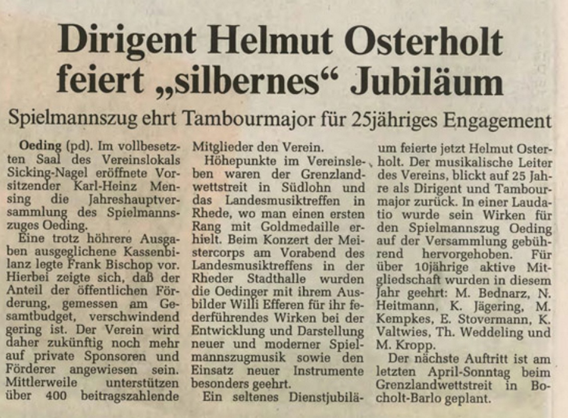 Dirigent Helmut Osterholt feiert "silbernes" Jubiläum | Borkener Zeitung 25.03.1999