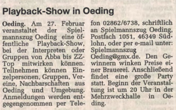 Borkener Zeitung 27.01.1999 | Playback-Show in Oeding 