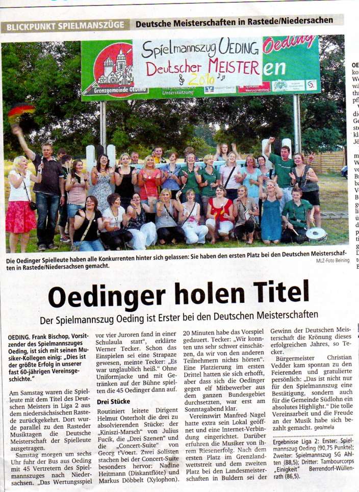 Artikel der Münsterlandzeitung - Deutscher Meister 2010 -    Spielmannszug Oeding