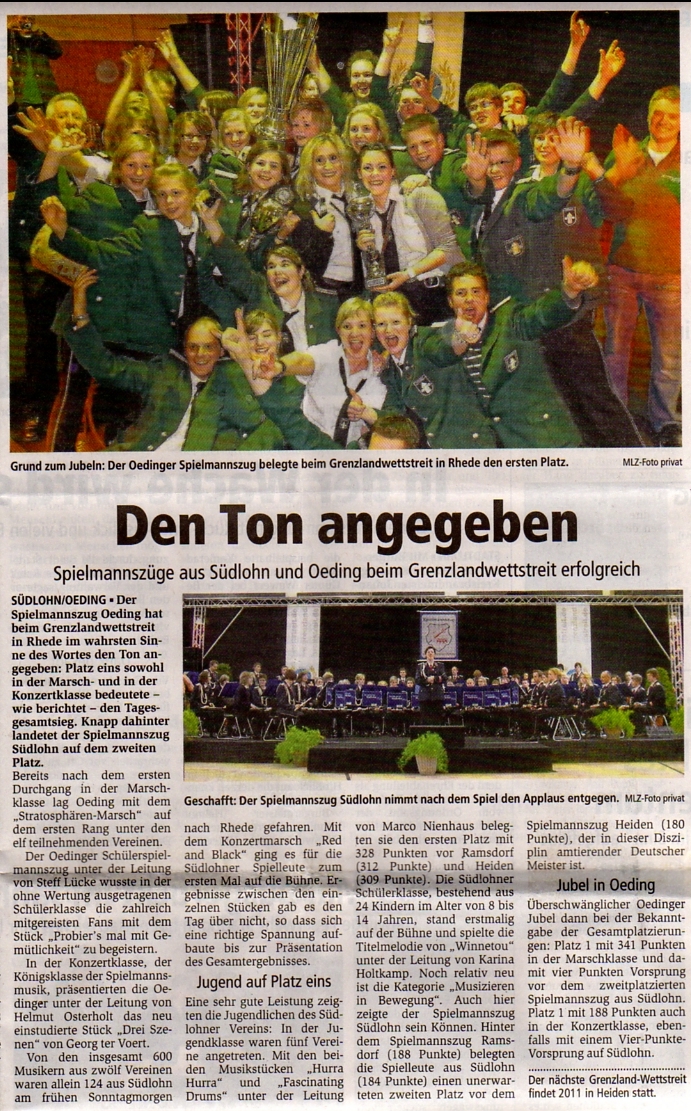 Zeitungsartikel aus der Münsterlandzeitung 30.04.2010    Grenzlandwettstreit 2010 in Rhede mit dem Sieger Spielmannszug Oeding    1951 e. V.