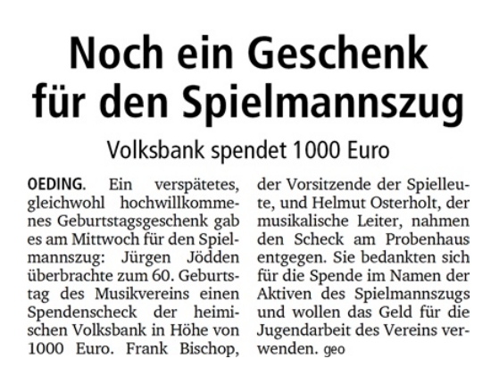 Noch ein Geschenk für den Spielmannszug | Volksbank spendet 1000 EURO - MZ 17.06.2011