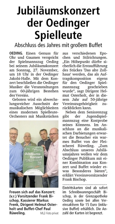 Pressebericht der Münsterland Zeitung vom 27.10.2011 - Jubiläumskonzert der Oedinger Spielleute am 27.11.2011 in der Jakobihalle Oeding