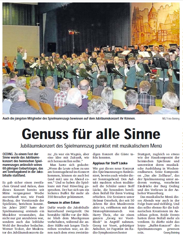 Münsterland Zeitung vom 29.11.2011 zum Jubiläumskonzert des Spielmannszug Oeding 1951 e. V. 