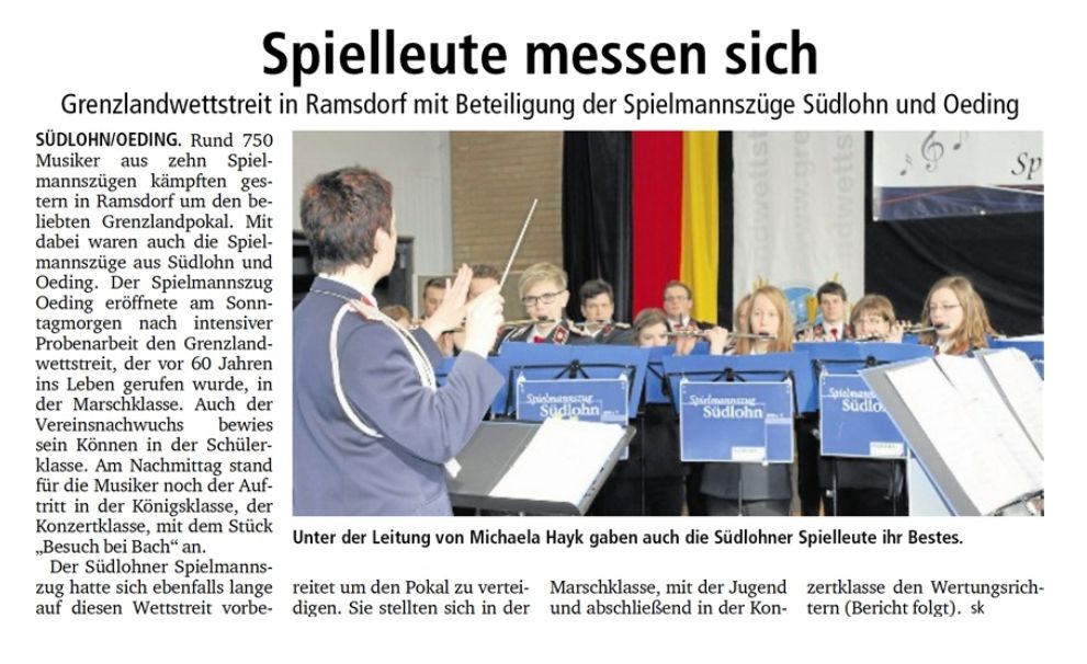 Münsterland Zeitung 24.03.2013 - Bericht Grenzlandwettstreit 2013 in Ramsdorf über Südlohn und Oeding