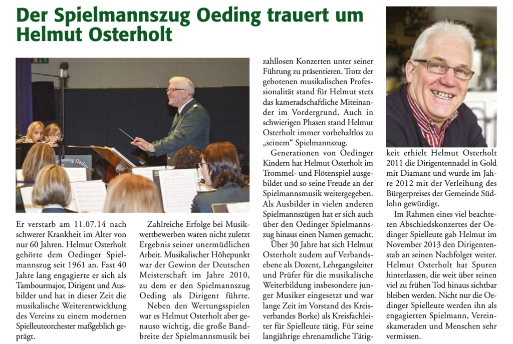 Crescendo | flair vom 04.11.2014 - Der Spielmannszug Oeding trauert um Helmut Osterholt