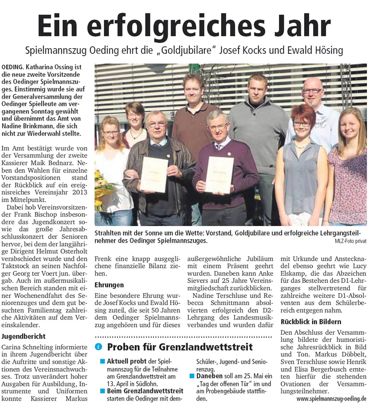 Ein erfolgreiches Jahr | Münsterland Zeitung 12.03.2014 | Bericht zur Generalversammlung 2014