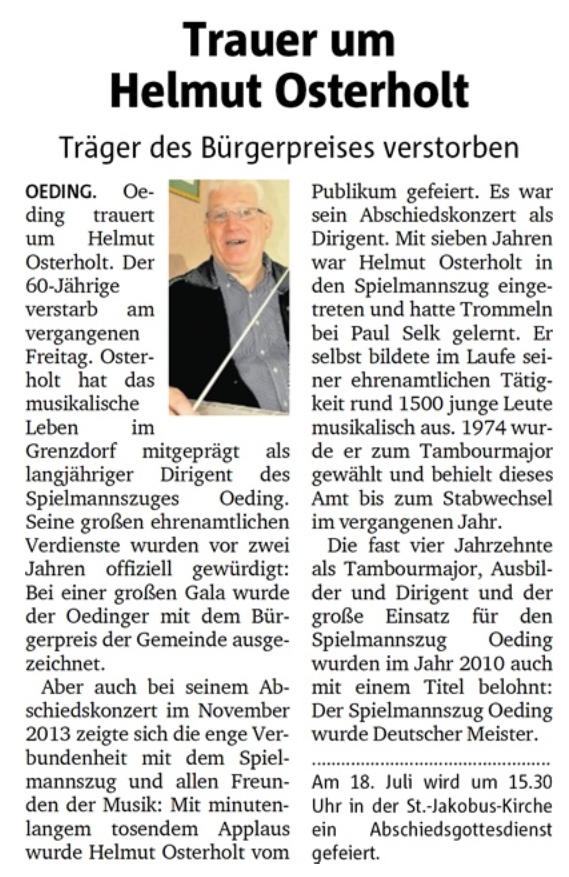 Trauer um Helmut Osterholt | Träger des Bürgerpreises verstorben - Münsterland Zeitung 16.07.2014