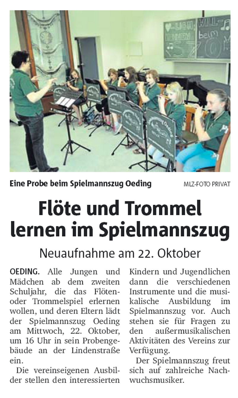 Flöte und Trommel lernen im Spielmannszug | Münsterland Zeitung 18.10.2014