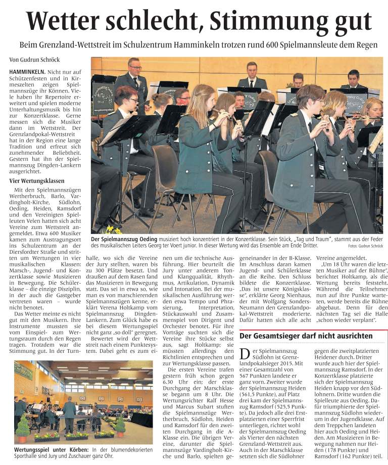 BBV 30.03.2015 | Der Spielmannszug Oeding musiziert hochkonzentriert in der Konzertklasse...