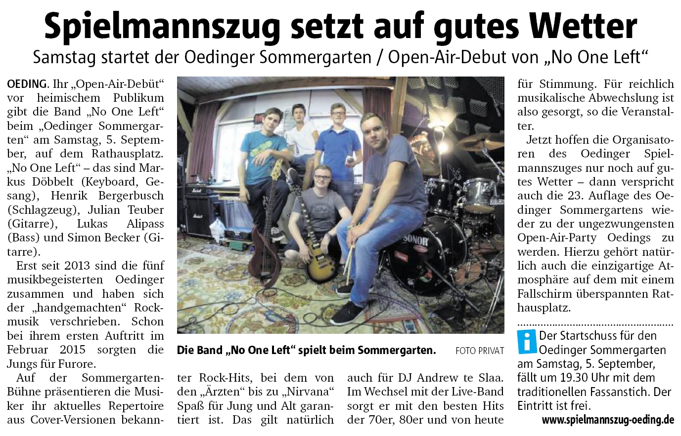 Spielmannszug setzt auf gutes Wetter | Münsterland Zeitung 02.09.2015 | Lokales Südlohn