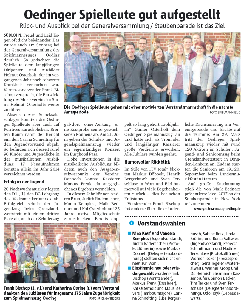 Rück- und Ausblick bei der Generalversammlung - Oedinger Spielleute gut aufgestellt | Münsterland Zeitung 04.03.2015