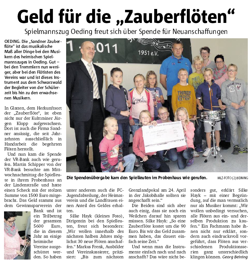Geld für "Zauberflöten" Münsterland Zeitung 24.09.2015