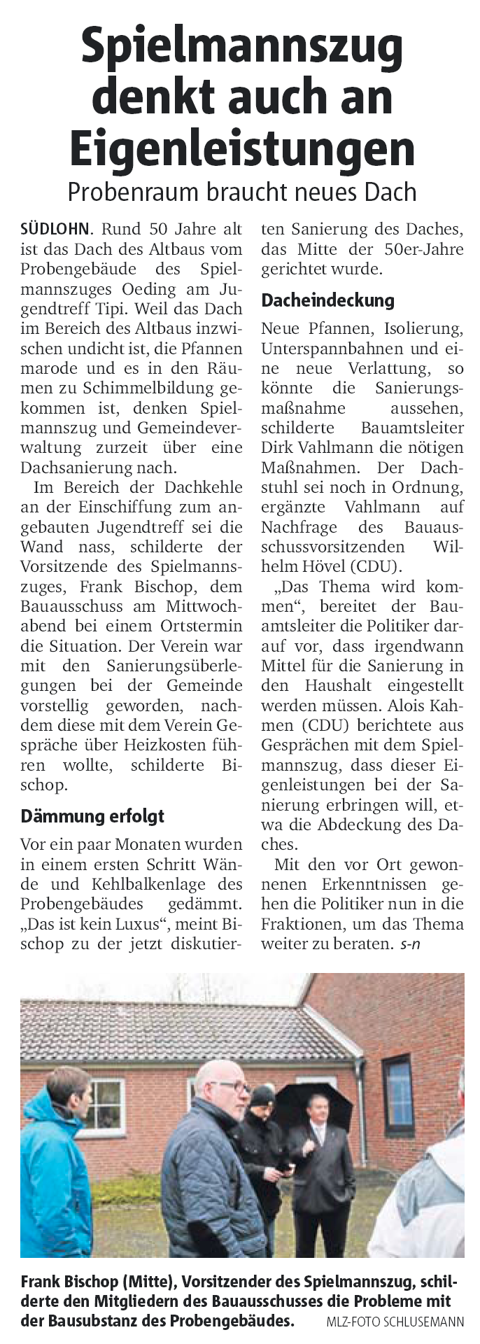 Münsterland Zeitung 28.02.2015 | Spielmannszug denkt auch an Eigenleistungen - Probenheim braucht neues Dach