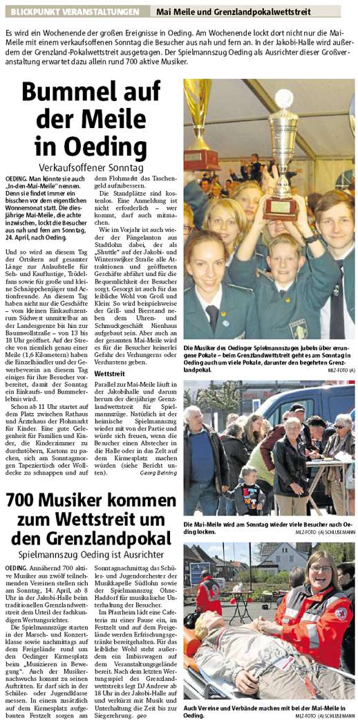 Münsterland Zeitung 21.04.2016 | Mai-Meile und Grenzlandpokalwettstreit in Südlohn-Oeding