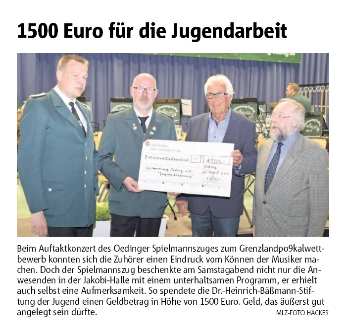 1500 EURO für die Jugendarbeit | Dr.-Heinrich-Bäßmann-Stiftung