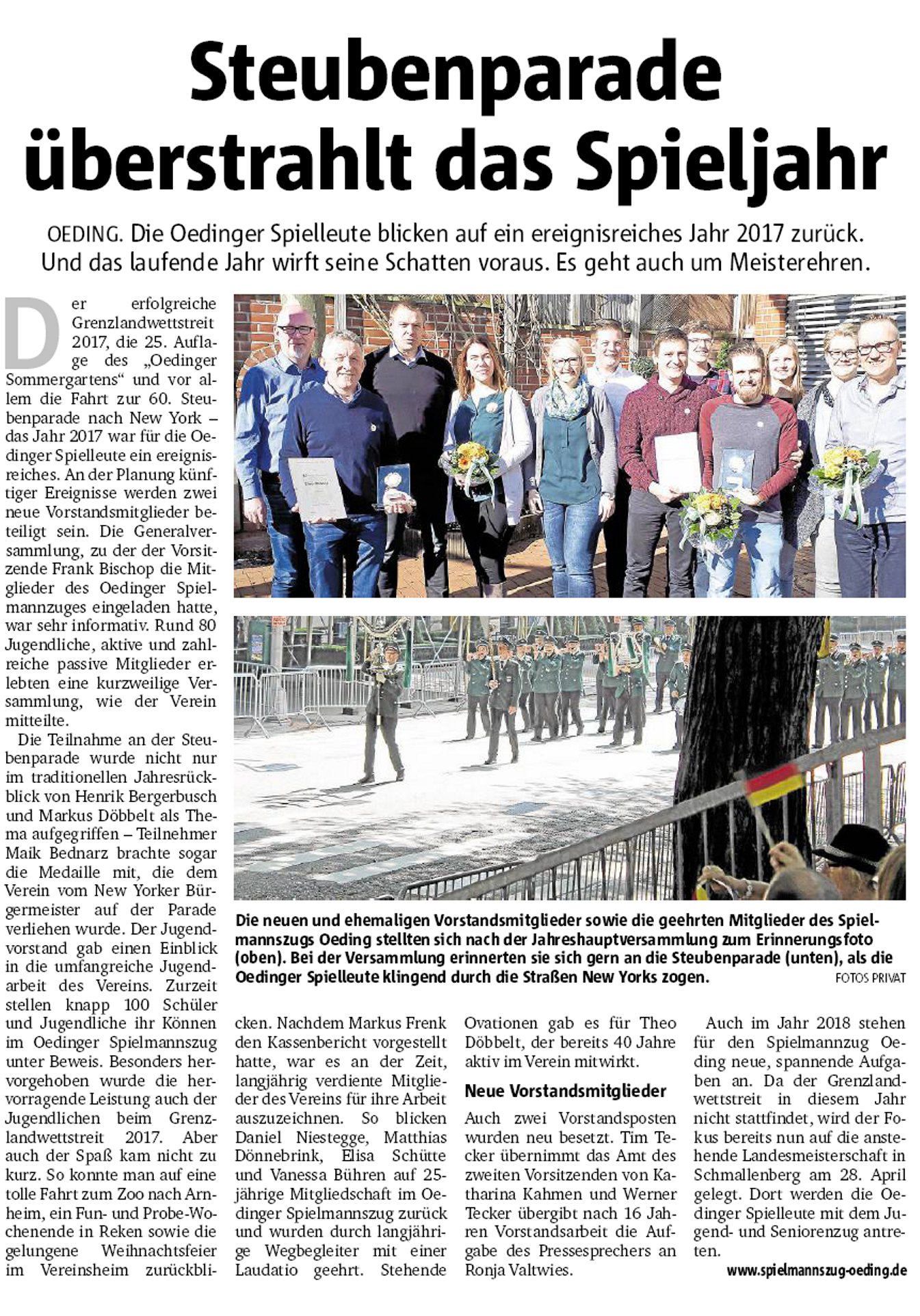 Münsterland Zeitung vom 01.03.2018 | Bericht Generalversammlung Spielmannszug Oeding