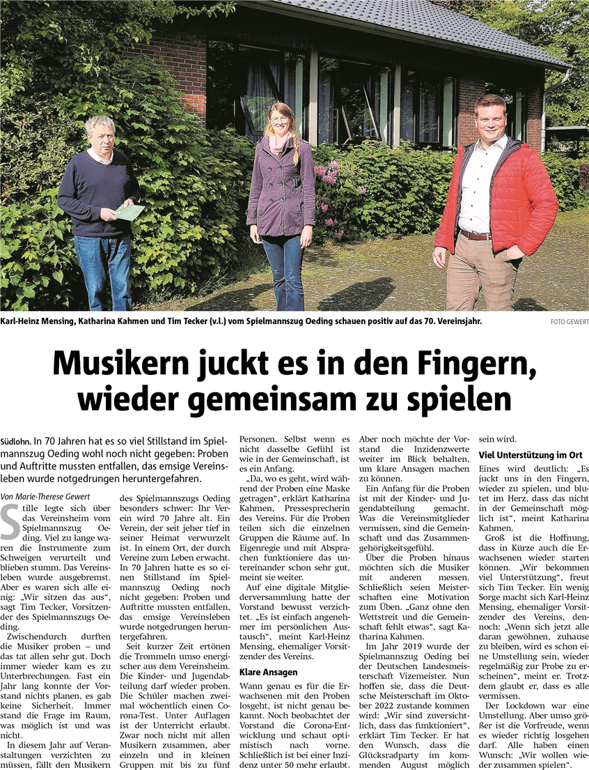 Münsterland Zeitung vom 26.05.2021 über die Aktuelle Lage vom Spielmannszug Oeding