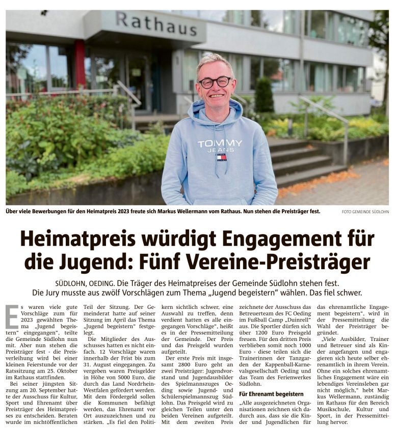 Münsterland Zeitung vom 06. Oktober 2023 | Heimatpreis 2023 Gemeinde Südlohn