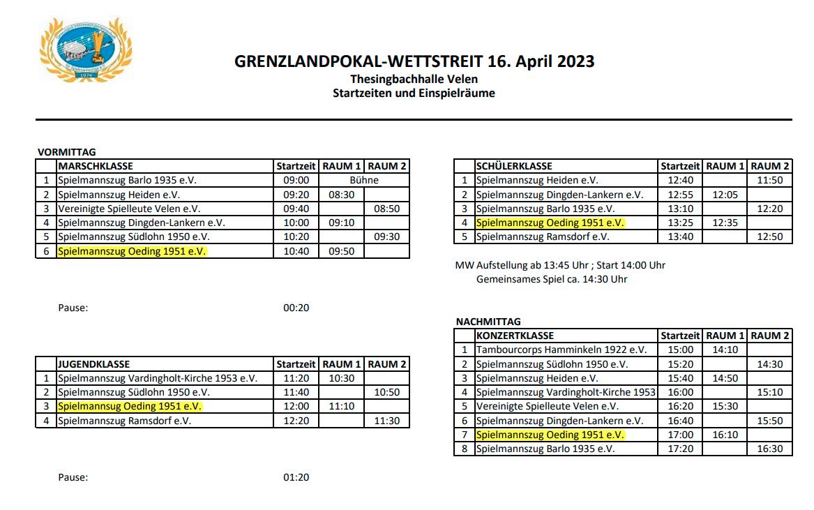 Startzeiten Grenzland Pokal Wettstreit 2023 in Velen